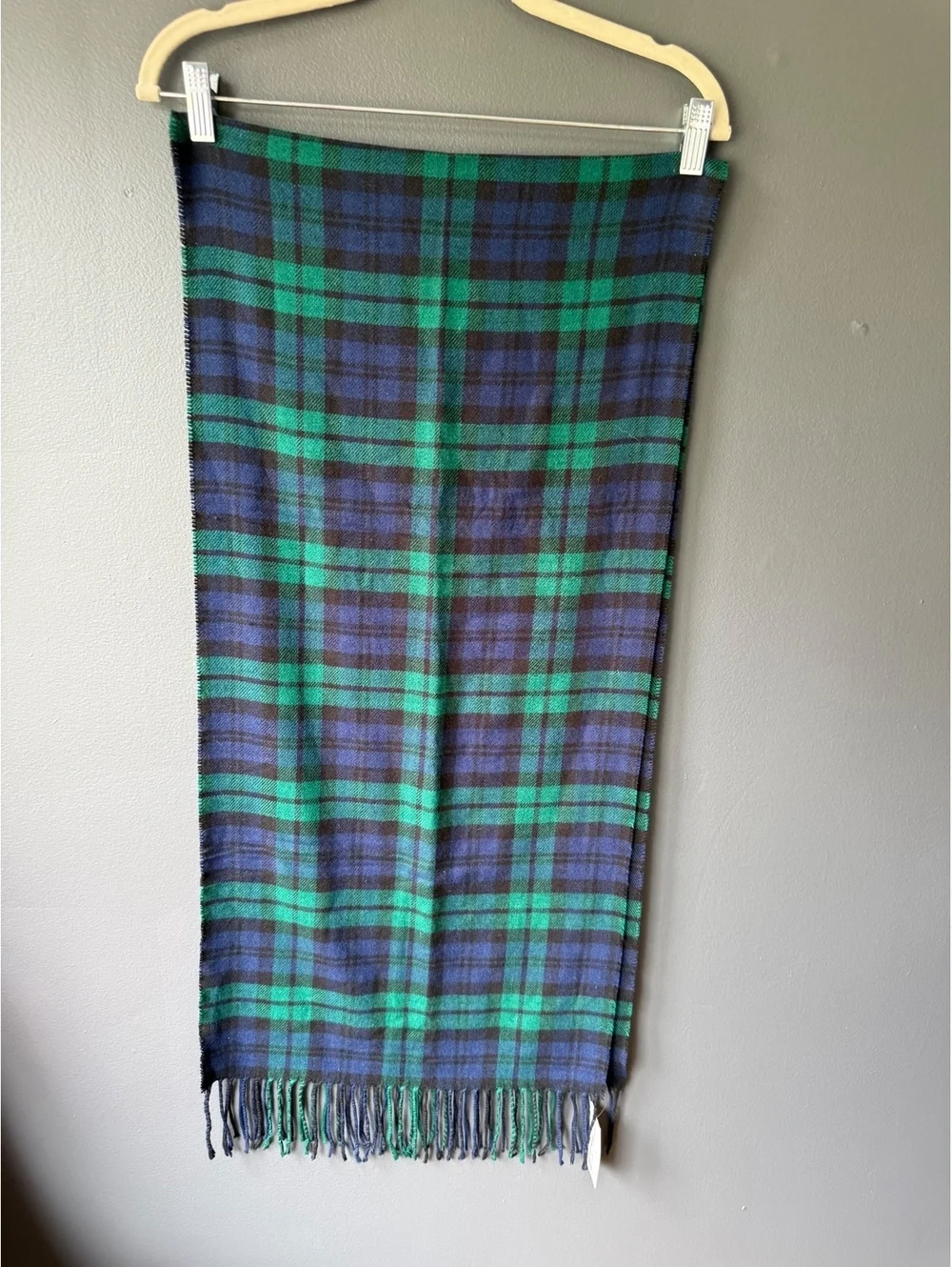 Lands' End Blue and Green Plaid Wool Scarf with Fringe